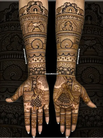 A luxurious and bespoke bridal design. The palms feature portraits of a dancing bride and groom, surrounded by auspicious symbols like the kalash, hastmelap, and agni, all framed by elephants and peacocks.