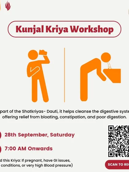 An invitation to our Kunjal Kriya workshop. This powerful cleansing practice helps detoxify the digestive system, offering relief from bloating and poor digestion, leaving you feeling rejuvenated.