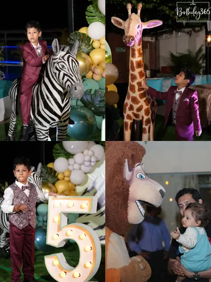More fun from the jungle safari party! This collage shows the birthday boy posing with the zebra and giraffe props, and interacting with a lion mascot.