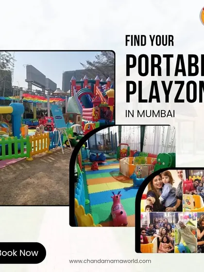 Find your perfect portable playzone in Mumbai with me. This collage shows a variety of setups, including a large outdoor area with multiple bouncy castles, perfect for a big celebration or a community fair.