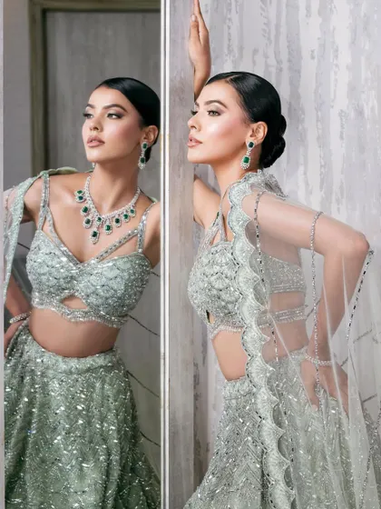 A creative diptych showing both a reflection and a direct pose, offering a dynamic way to showcase a designer's creation from multiple angles.