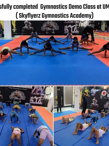 This collage shows our students during a group stretching session, working on straddle splits and core exercises. We make flexibility training a collaborative and encouraging part of every class.