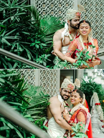 A collage of a couple's romantic portraits, taken amidst lush green plants, creating an intimate and natural feel.