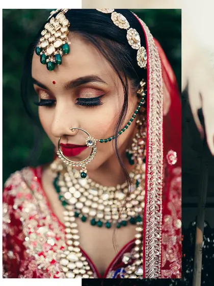 A close-up on the bride's face, highlighting her flawless makeup and stunning jewelry. We pay special attention to capturing the details that complete the bridal look.