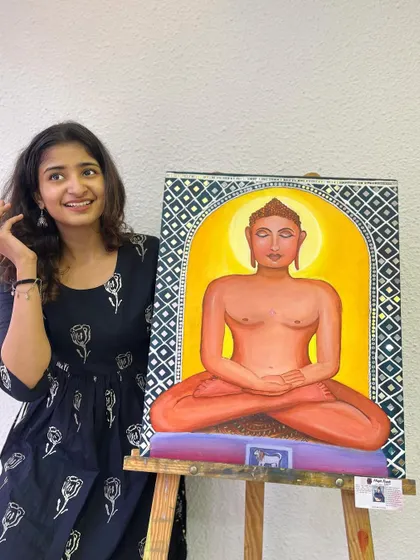 A happy moment with my completed Mahavir Swami painting. This piece combines several art forms and holds deep personal and spiritual meaning for me.