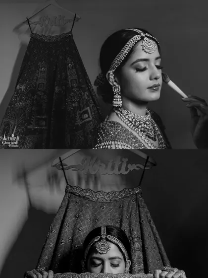 Artistic black and white portraits of the bride getting ready, playing with her veil and the shadows in the room.