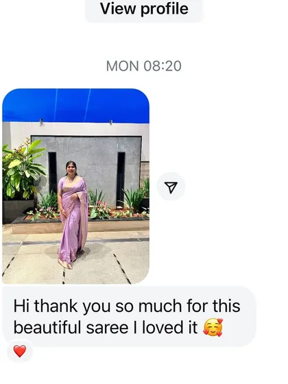 "Hi thank you so much for this beautiful saree I loved it." The lilac love is real, and it looks so pretty on her.