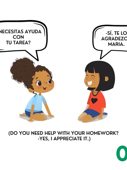 This image shows a conversation using 'agradezco' to express appreciation for help with homework.