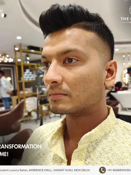 A front view of this daring and modern men's hairstyle. It's a look that's full of confidence and personality.