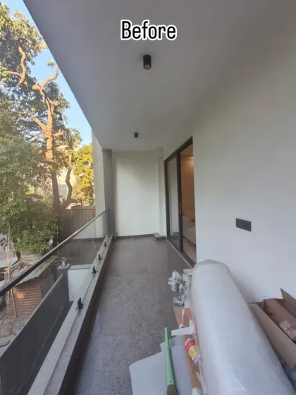 Another angle of the same incredible transformation. We started with a plain, empty balcony (7) and turned it into a luxurious retreat (8). Notice how the strategic lighting and mix of textures like wood, stone, and greenery create depth and warmth.