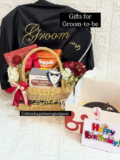 The complete birthday and groom-to-be celebration hamper, featuring a gift basket, a chocolate cake, and a personalized card.