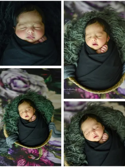 A collage showcasing the dramatic and artistic black wrap session, with a mix of close-up and wider shots.