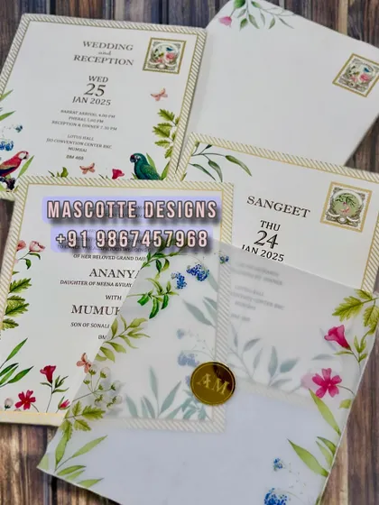 A vellum paper invitation with a vintage stamp collection theme. The design features beautiful botanical illustrations and a custom wax seal, creating a unique and charming look.