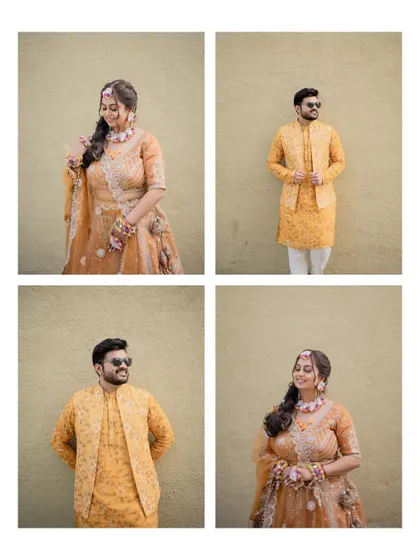 A collection of individual portraits of the bride and groom looking stylish and happy against a simple wall during their Haldi event.