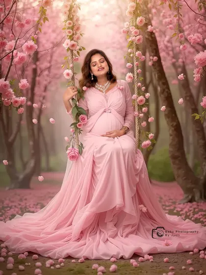 A dreamy, artistic portrait of a mom-to-be in a pink gown, seated on a swing in an enchanted pink forest. This is a perfect example of my creative digital editing.