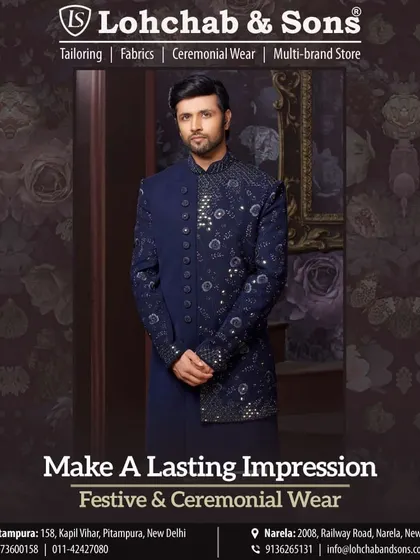 Make a lasting impression with our festive wear. This asymmetrical navy blue Indo-Western kurta is adorned with scattered embellishments, offering a modern and stylish option for a Sangeet or reception.