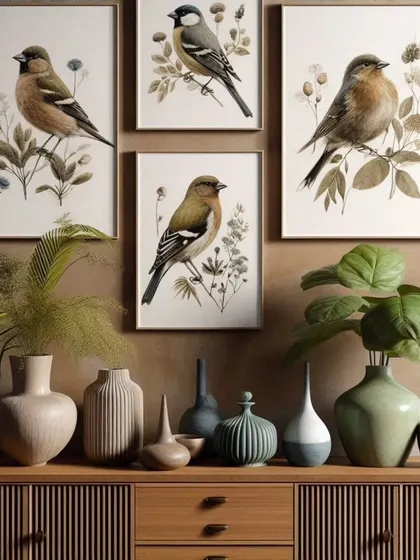 This "Bird Song" collection features a gallery wall of beautifully illustrated bird prints. These pieces are perfect for adding a touch of nature and elegance to a room, and they make wonderful gifts.