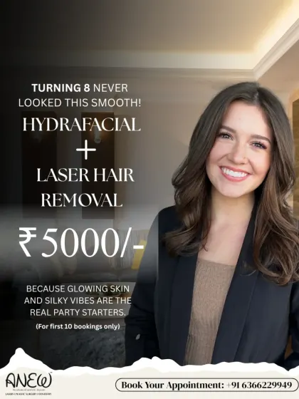 To celebrate 8 years of aesthetic magic, we are offering a special combo of a Hydrafacial and Laser Hair Removal for just ₹5000. This offer is limited to the first 10 bookings.