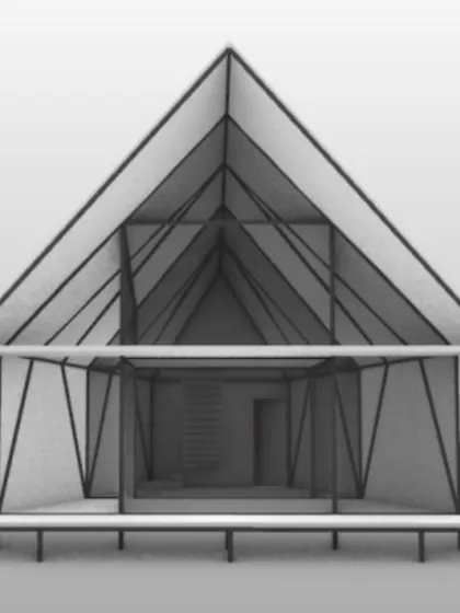 A 3D model showing the interior spatial arrangement of the "Parasite" home, with a compact core and an open, two-story living area.