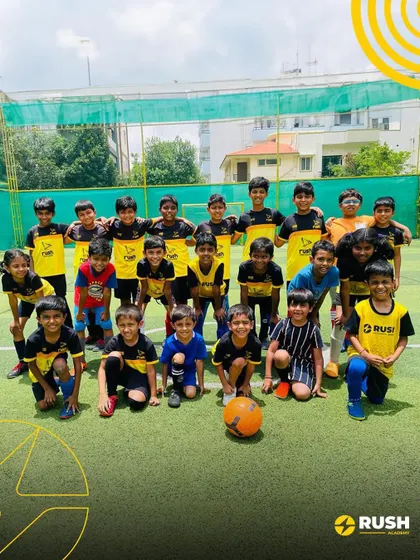 A group photo of our U7 and U9 players. These friendly matches are a great way to build camaraderie across different age groups.