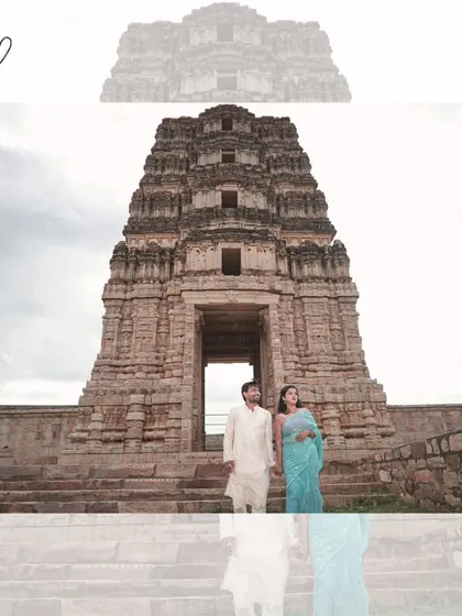 A grand and symmetrical shot of the couple at the steps of a historic temple, showcasing the architectural beauty of their pre-wedding location.