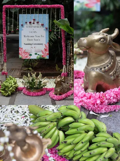 The welcome setup for a naming ceremony, featuring a personalized sign and traditional elements like brass cow statues, banana bunches, and fresh flowers. These details create a warm and auspicious welcome for guests.
