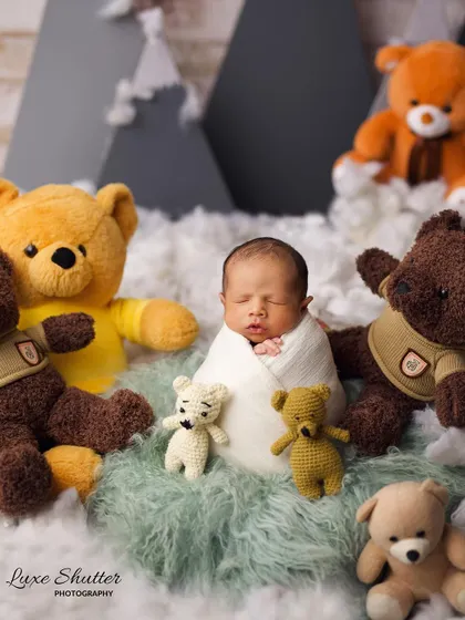 A classic and adorable teddy bear theme. This newborn is swaddled in white and surrounded by a cuddly family of teddy bears of all sizes.