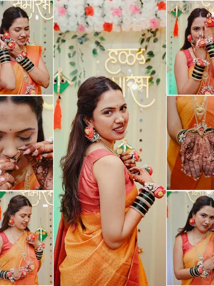 A collage capturing various beautiful moments from the bride's Haldi ceremony.
