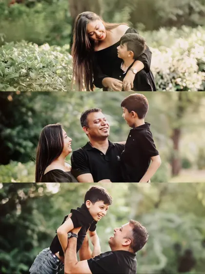 A collage showing different interactions within the same family: a mother and son moment, parents laughing with their son, and a father playfully lifting him up.