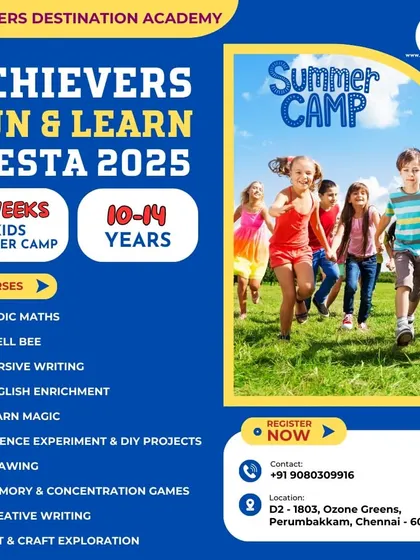 Our 4-week kids' summer camp in Perumbakkam, Chennai, is designed for kids aged 10-14. This poster focuses on skill-building courses like Vedic Maths, Spell Bee, and creative writing.