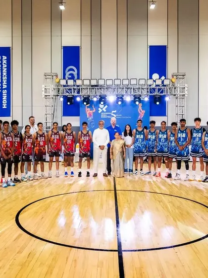 Our U18 All-Star teams standing proud at center court during our 5th-anniversary celebration. The future of Indian basketball is right here.
