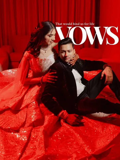 A dramatic, red-themed portrait of a couple with the word 'Vows'. This stylized shot from a cocktail or engagement event is bold, passionate, and cinematic.