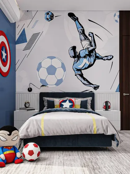 A room for a true champion, combining a love for soccer and superheroes. The dynamic wall mural and Captain America's shield create an action-packed atmosphere.