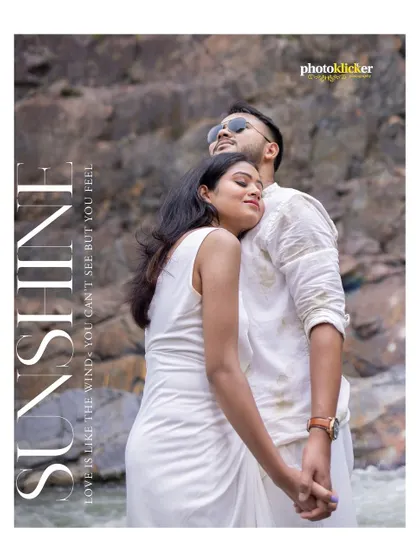 An album-style page with a romantic photo of a couple by the river, capturing a tender embrace with the text "Sunshine".