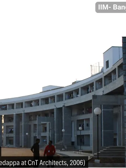 An earlier view of the IIM-B hostel, showing the sweeping curve of the building. The rooms were oriented north-south to avoid harsh sun and provide views of the playground.
