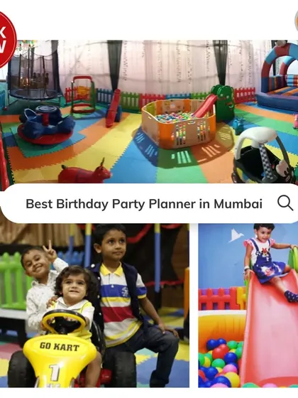 As the best birthday party planner in Mumbai, I love seeing these moments. This collage shows kids enjoying a go-kart and a large slide, key attractions in my fun-filled party setups.