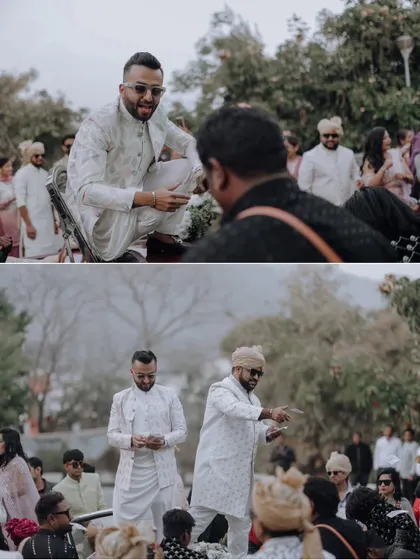 A collage showing the groom's festive entry during the baraat, interacting with guests from a decorated vehicle.