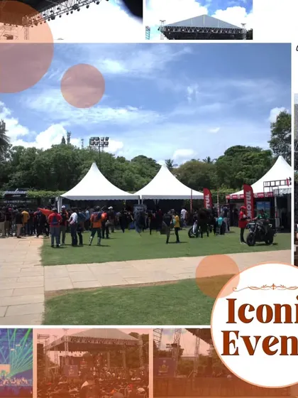 A collage celebrating the iconic events hosted at our venues. The central image shows a large outdoor festival, demonstrating our ability to manage events with significant attendance and complex logistics.