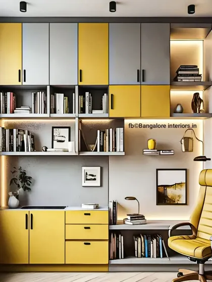 This home office and study unit is designed for productivity, featuring a mix of open and closed storage in a cheerful yellow and grey palette. The layout provides ample desk space, organized shelving for books, and integrated lighting for a focused work environment.
