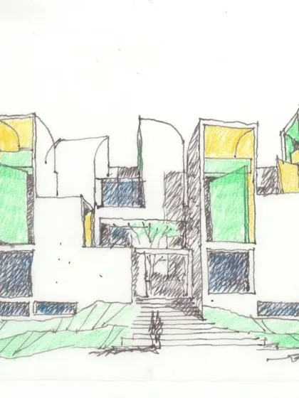 A colorful sketch showing one of the facade options explored for the School of Architecture at VIT, designed to be dynamic when viewed from passing trains.