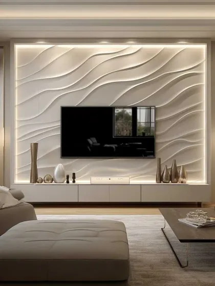 Here, a large, backlit 3D wall panel serves as a dramatic and artistic backdrop for the television. The flowing, wave-like texture is illuminated from the edges, turning the entire wall into a light sculpture.