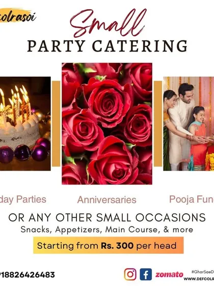 This graphic shows the types of small occasions we cater for, including birthday parties, anniversaries, and pooja functions, with prices starting from Rs. 300 per head.
