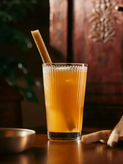 A tall, refreshing cocktail with a sugarcane stick. The natural elements and warm tones give this shot an earthy, tropical vibe.