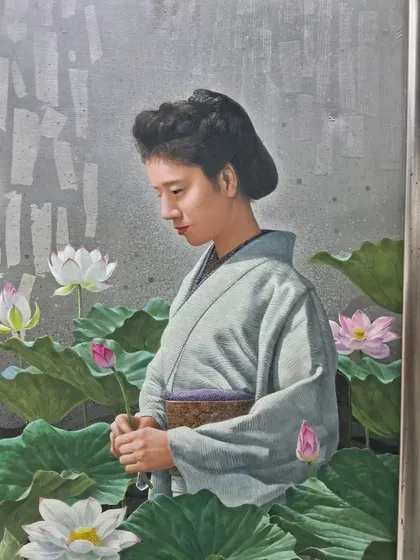 A serene portrait of a Japanese woman amidst lotus flowers by Kohji Kanazawa, highlighting the artist's mastery of realism and cultural storytelling.