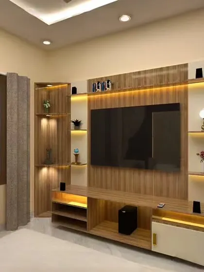 This TV unit design incorporates extensive shelving and display space, perfect for showcasing books, art, and personal treasures.