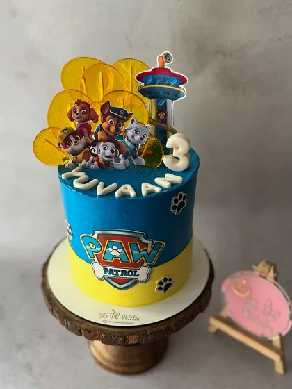No job is too big, no pup is too small for this Paw Patrol cake. It's decorated with the whole team and the iconic Paw Patrol logo for a fan's third birthday.