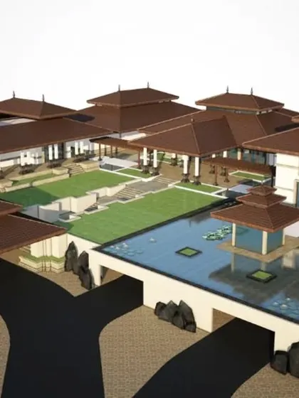 A modern reinterpretation of Balinese design, this villa appears to float above serene lotus ponds. The design uses characteristic tiered rooflines and open pavilions to create a seamless blend of tranquility and luxury.