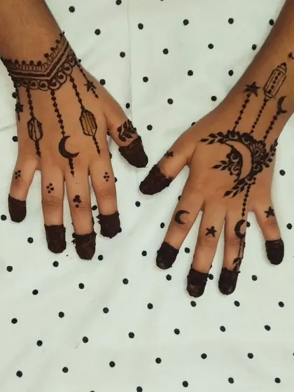 A whimsical and simple design for Eid, featuring crescent moons, stars, and hanging lanterns. This is a fun and festive style, perfect for getting into the holiday spirit.
