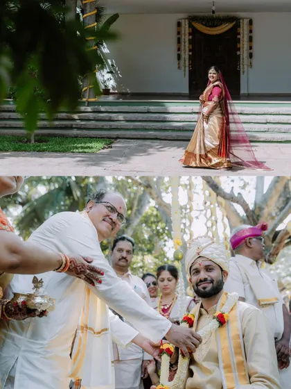 A collage showing the bride's entrance and the groom receiving blessings before the ceremony.
