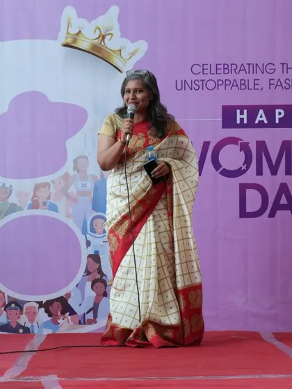 Our IFTD Director, Dr. Indu Gupta, addresses the audience at the International Women's Day event, celebrating women in leadership.